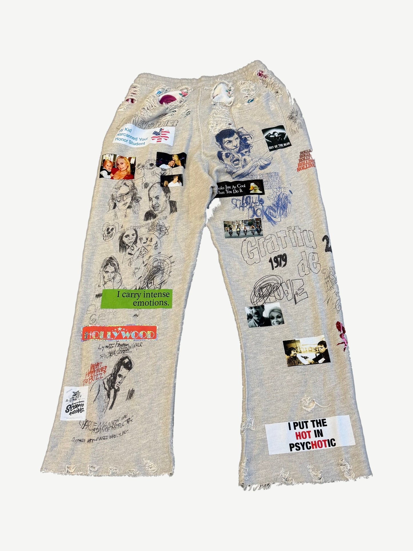 Paly Hollywood Movie Madness sweatpants back view with Hollywood patches and hand-drawn portraits.