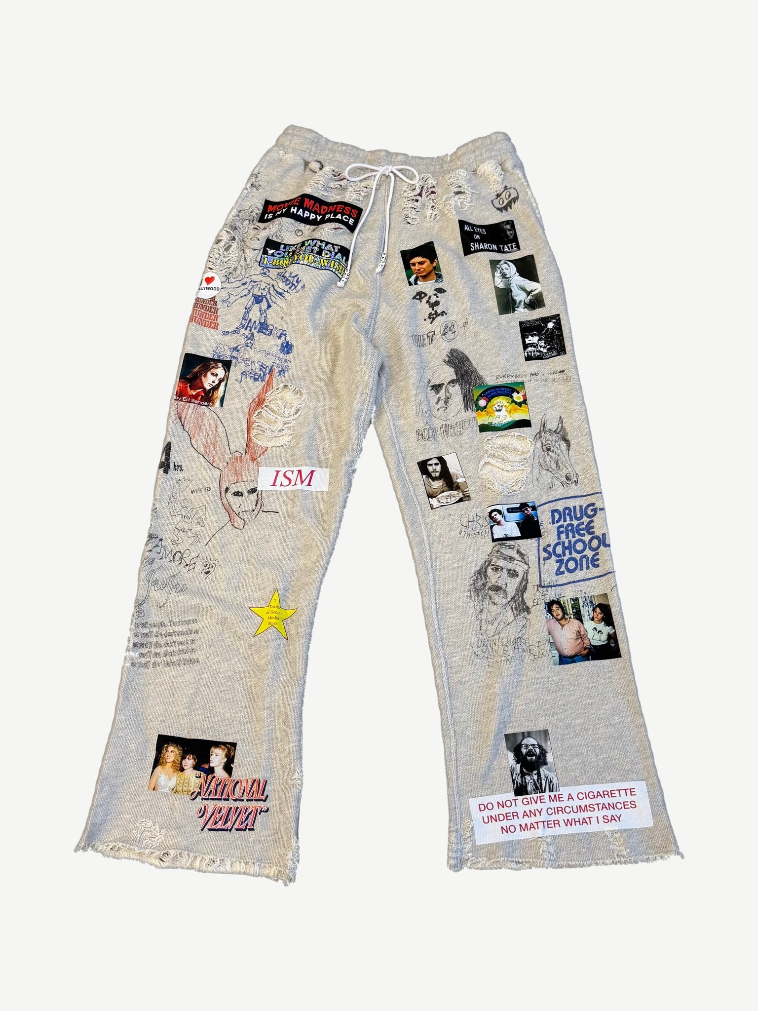Paly Hollywood Movie Madness sweatpants in heather gray with collaged movie patches and scribbles.