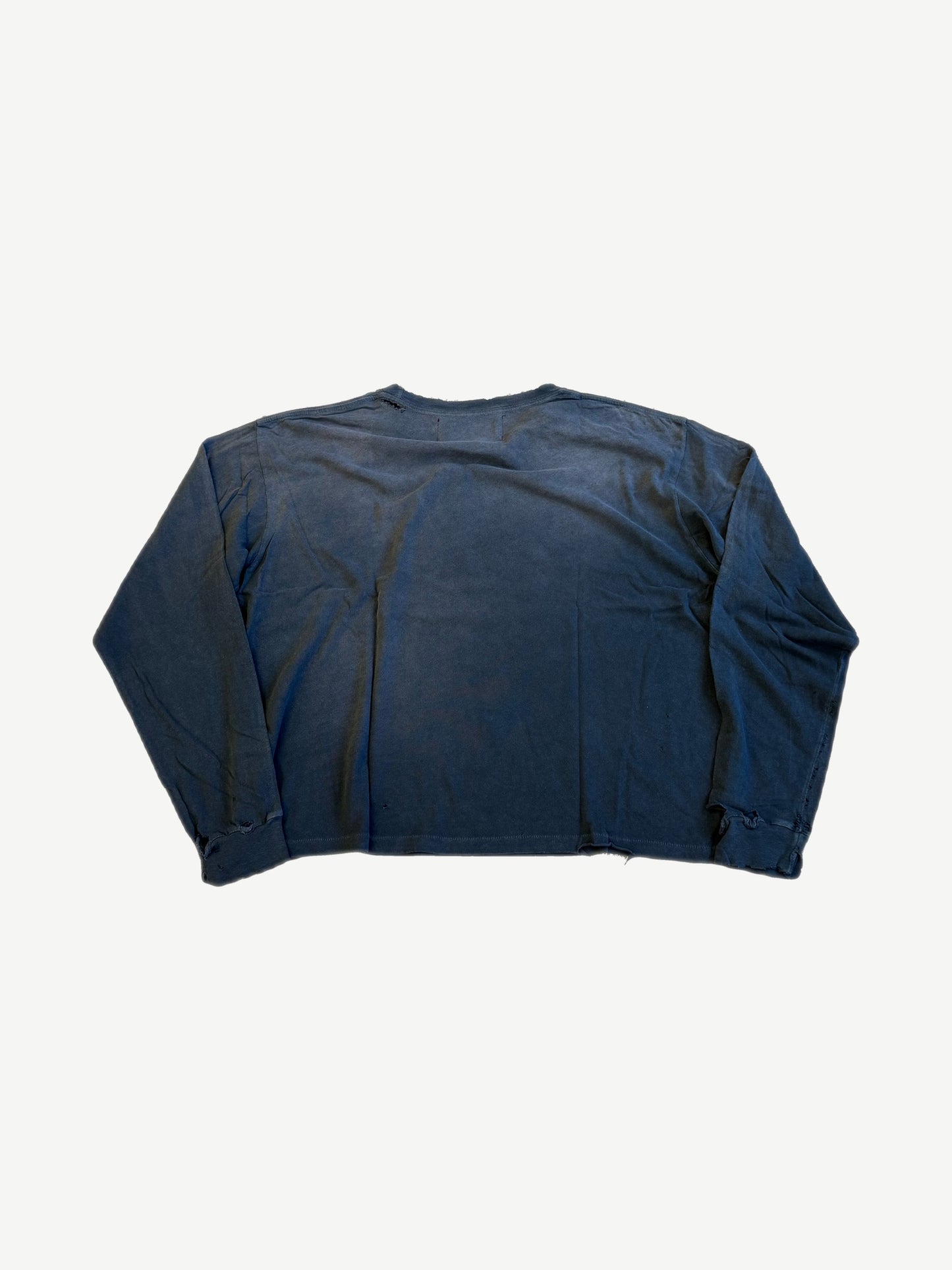 Back of Paly Hollywood washed navy distressed longsleeve showing cropped boxy fit and raw hem detail