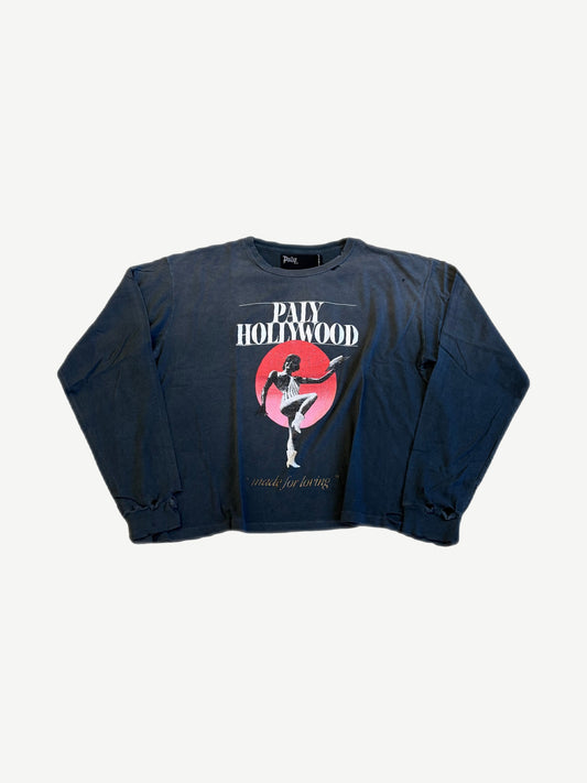 Paly Hollywood faded navy longsleeve tee with Myra Breckenridge dancer red circle graphic and distressed hem