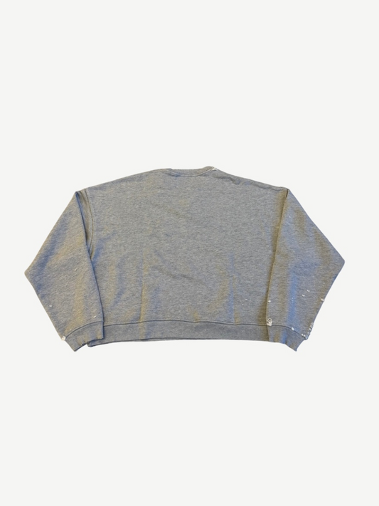 Paly Hollywood Mythss crewneck back view showing heather gray fleece with cropped boxy shape.