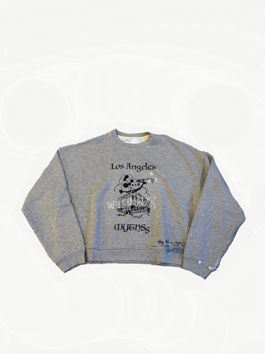 Paly Hollywood Mythss crewneck in heather gray with Los Angeles Mythss chest graphic print.