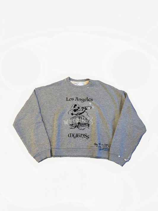 Paly Hollywood Mythss crewneck in heather gray with Los Angeles Mythss chest graphic print.