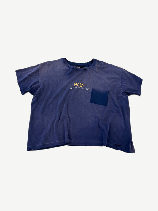Paly Hollywood navy boxy tee front with yellow Paly chest logo and tonal patch detail.