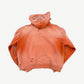 Paly Hollywood orange sun faded distressed hoodie back with text print at hood opening.