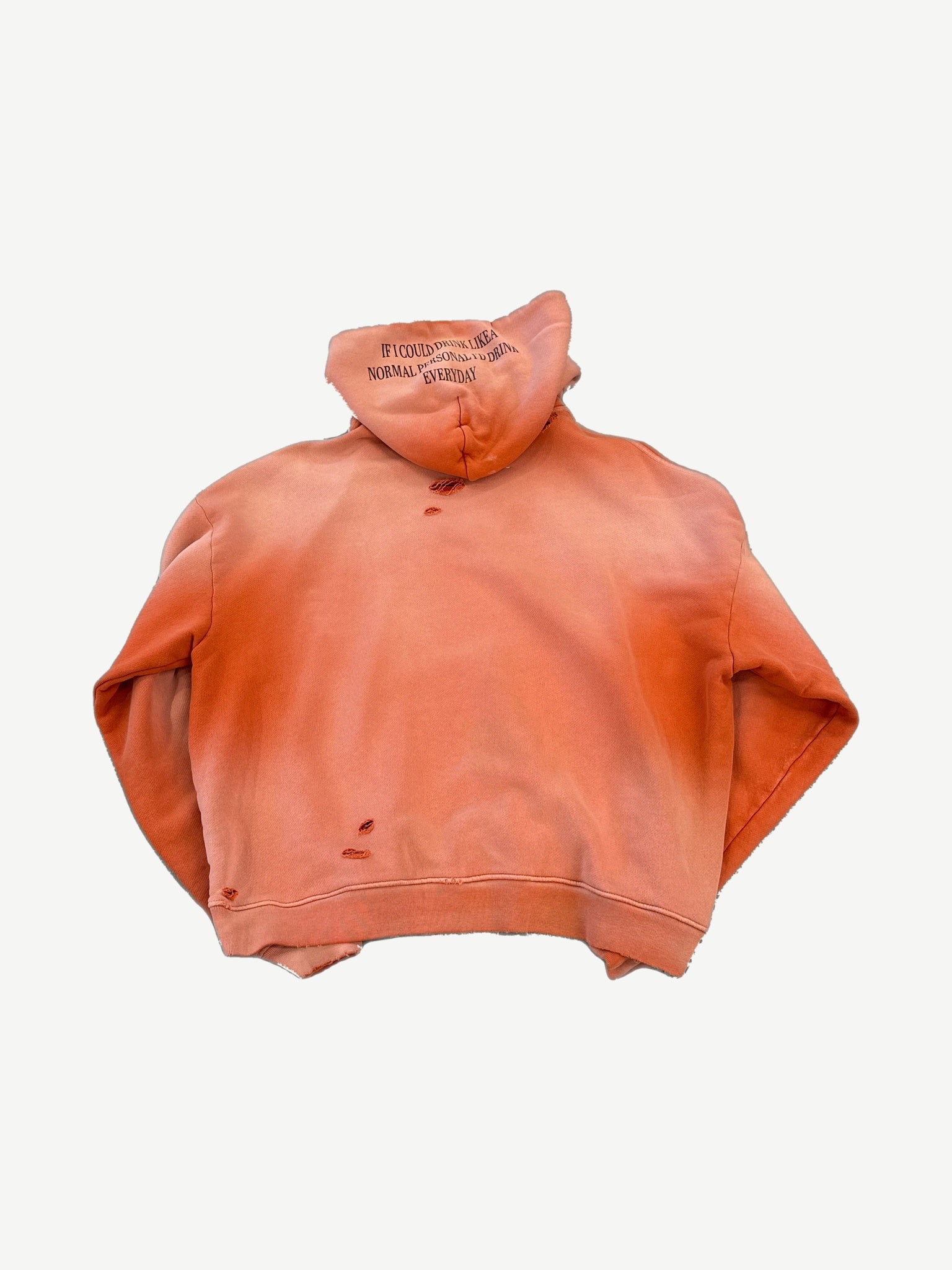 Paly Hollywood orange sun faded distressed hoodie back with text print at hood opening.