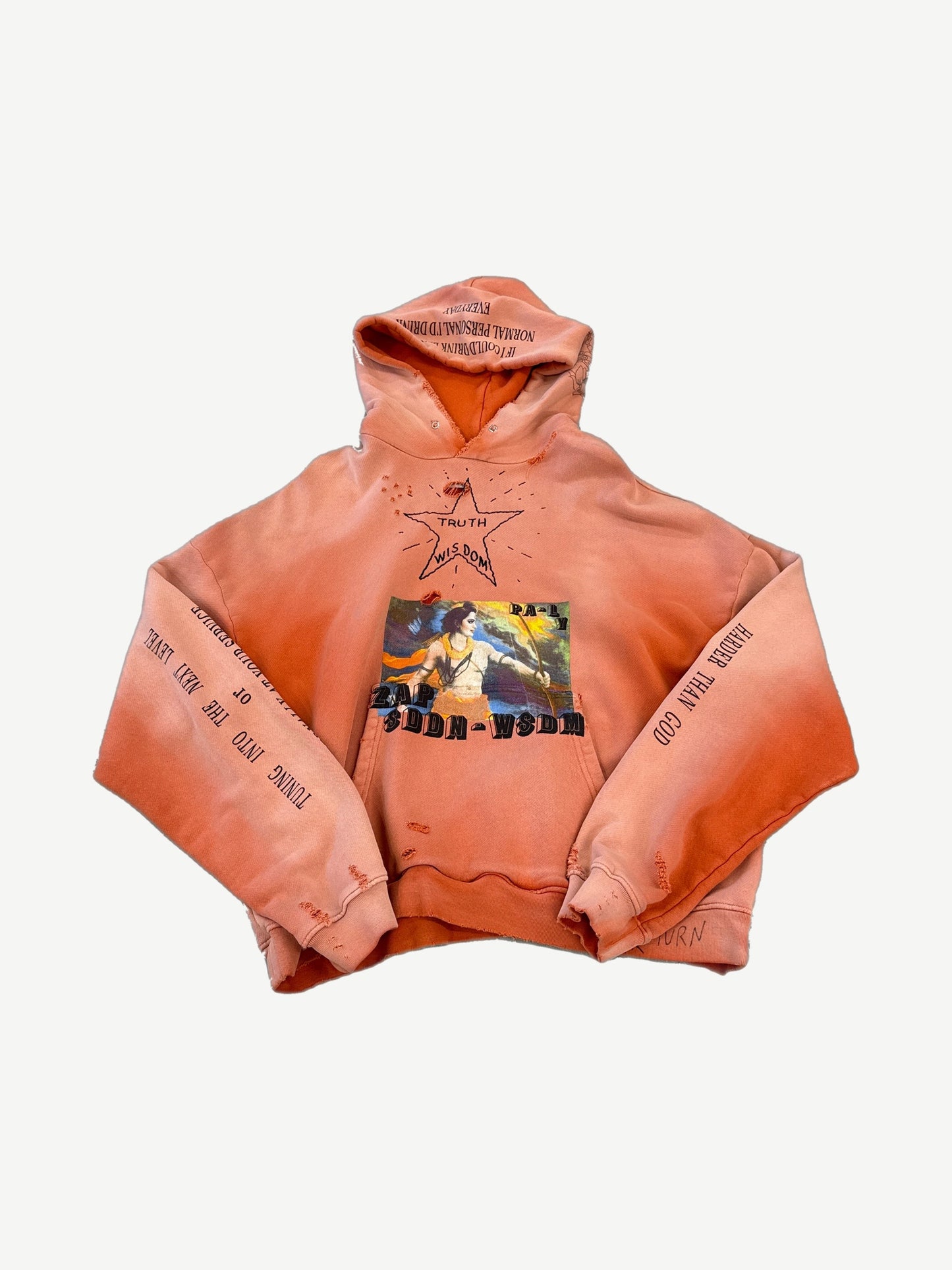 Paly Hollywood faded orange hoodie front with photo print graphic and curved sleeve text.