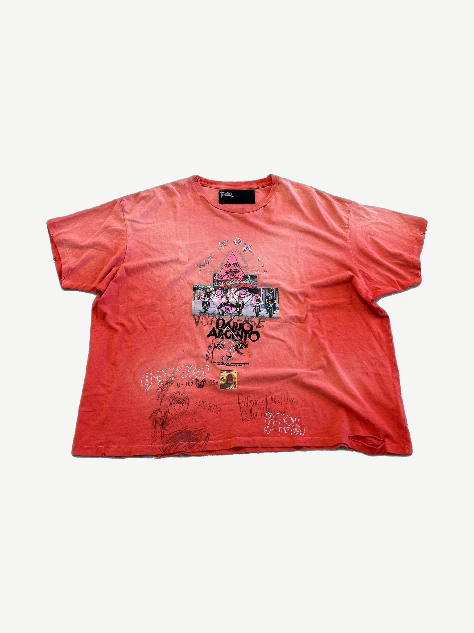 Paly Hollywood Spirit of Jimmy faded red distressed tee with Dario Argento photo collage cross graphic, front
