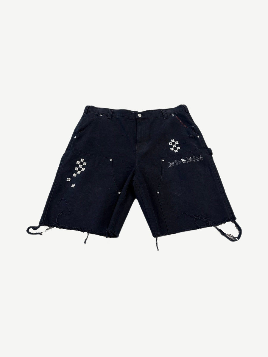 Paly Hollywood black carpenter shorts with rhinestone Let Go Let God text, studded details and frayed hems