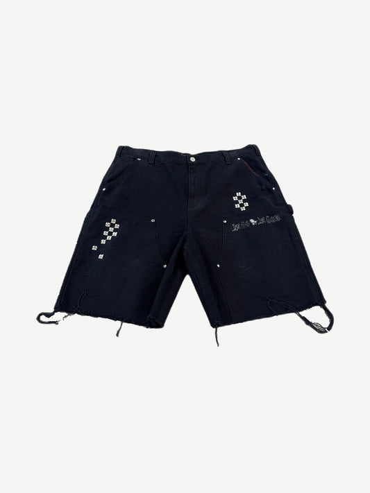 Paly Hollywood black carpenter shorts with rhinestone Let Go Let God text, studded details and frayed hems
