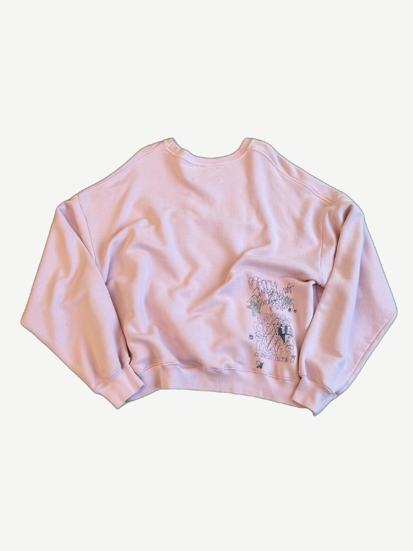 Paly Hollywood pink Sum 1 In Hollywood crewneck back view, light pink fleece body with small lower-right print.