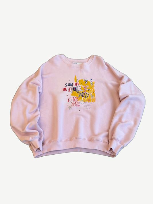 Paly Hollywood pink crewneck with yellow paint-splatter Sum 1 In Hollywood Luvs Me chest graphic, ribbed cuffs.