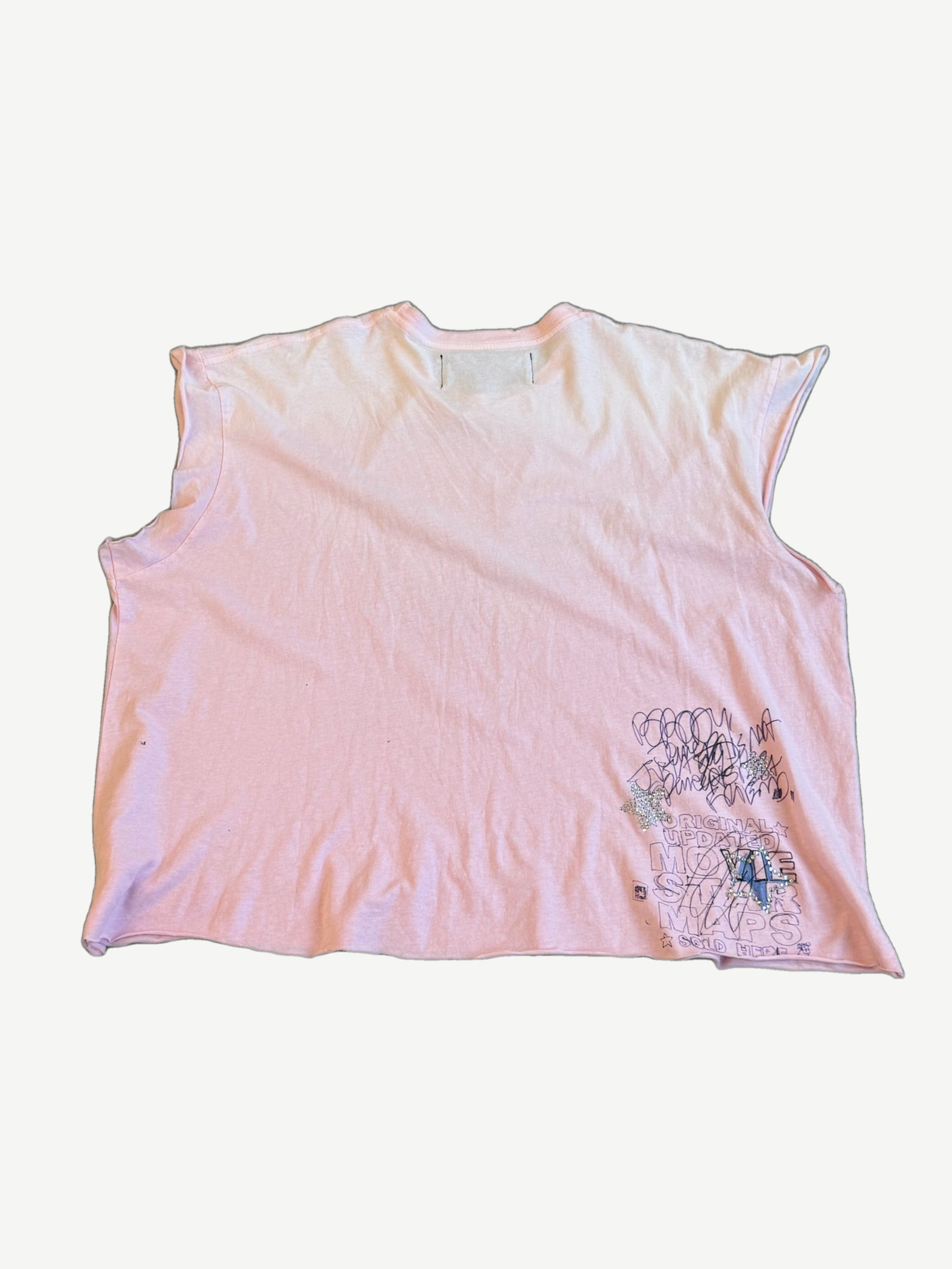 Paly Hollywood pink sleeveless cutoff tee back view with blank body and raw cut armholes and hem.