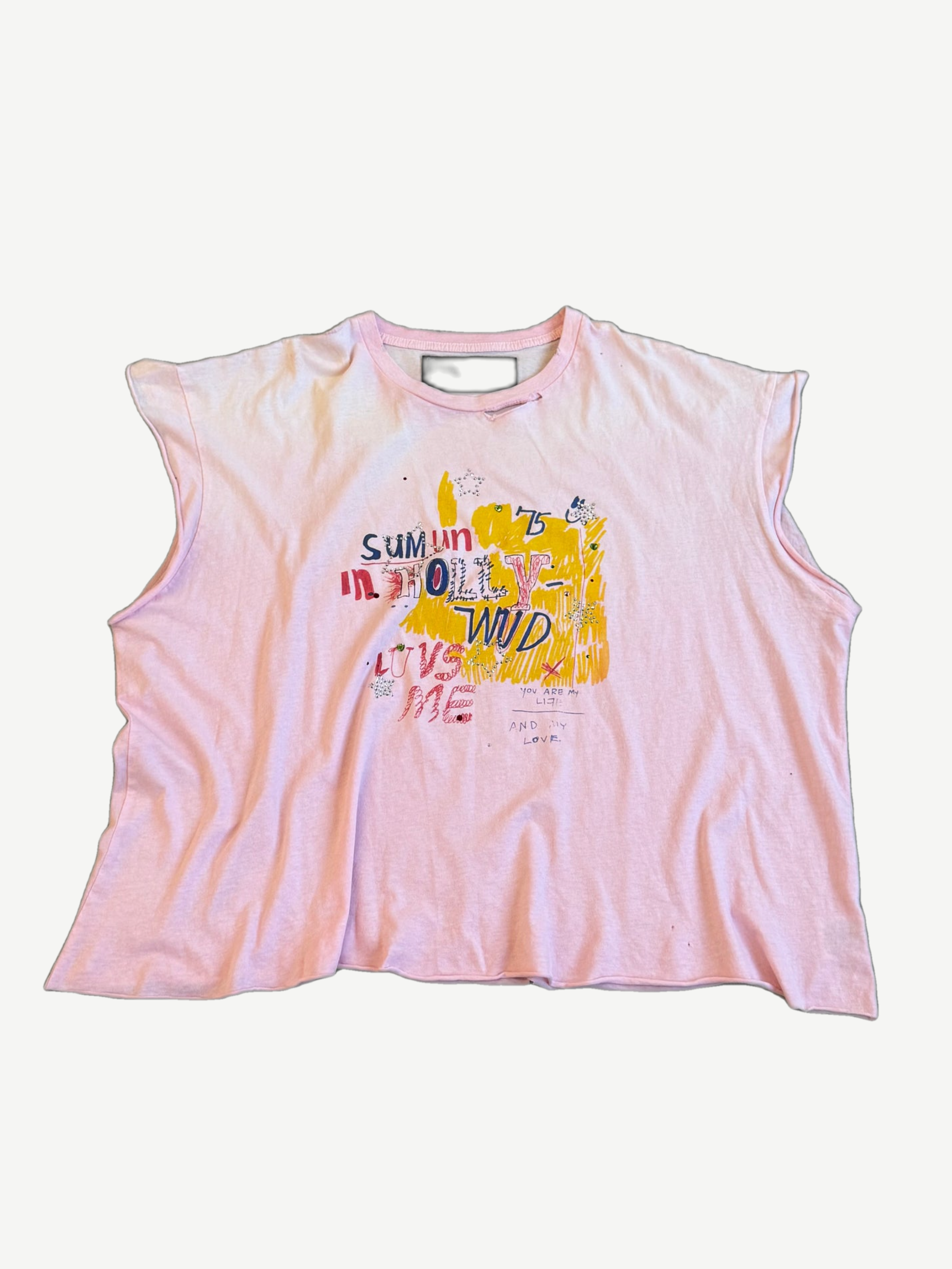 Paly Hollywood pink cutoff tee front with yellow and red Sumun In Hollywood Luvs Me graffiti chest graphic.