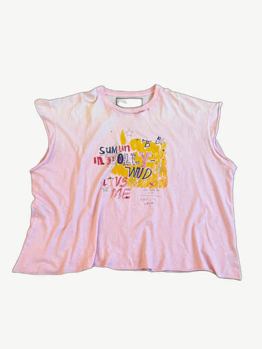 Paly Hollywood pink cutoff tee front with yellow and red Sumun In Hollywood Luvs Me graffiti chest graphic.
