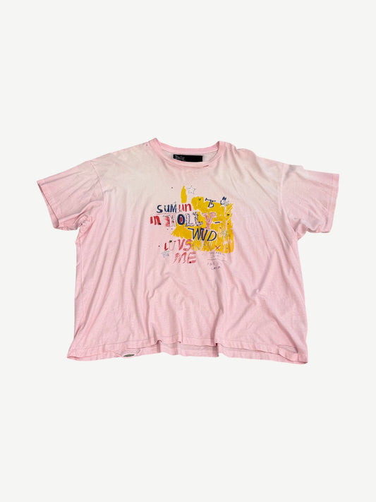 Paly Hollywood washed pink tee with Sum 1 In Hollywood Luvs Me ransom-style collage graphic on chest