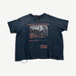 Paly Hollywood faded navy distressed tee front, orange Satan's Sandbox poster print referencing Gus Van Sant film.