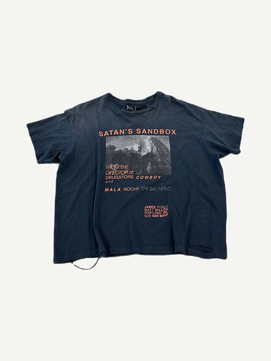 Paly Hollywood faded navy distressed tee front, orange Satan's Sandbox poster print referencing Gus Van Sant film.