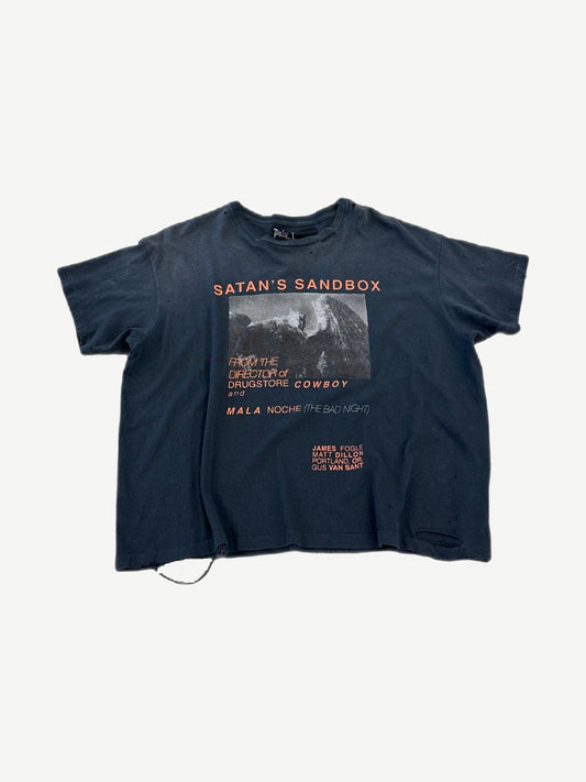 Paly Hollywood faded navy distressed tee front, orange Satan's Sandbox poster print referencing Gus Van Sant film.