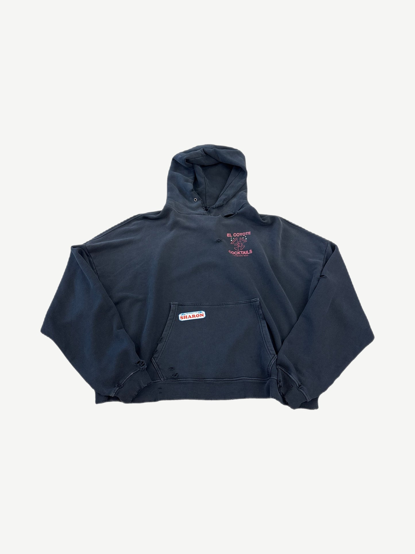Paly Hollywood Valley of Dolls cropped navy hoodie with El Coyote Cocktails chest print and Sharon pocket patch