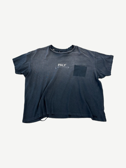 Paly Hollywood faded gray vintage tee with red varsity Paly core logo printed across front chest