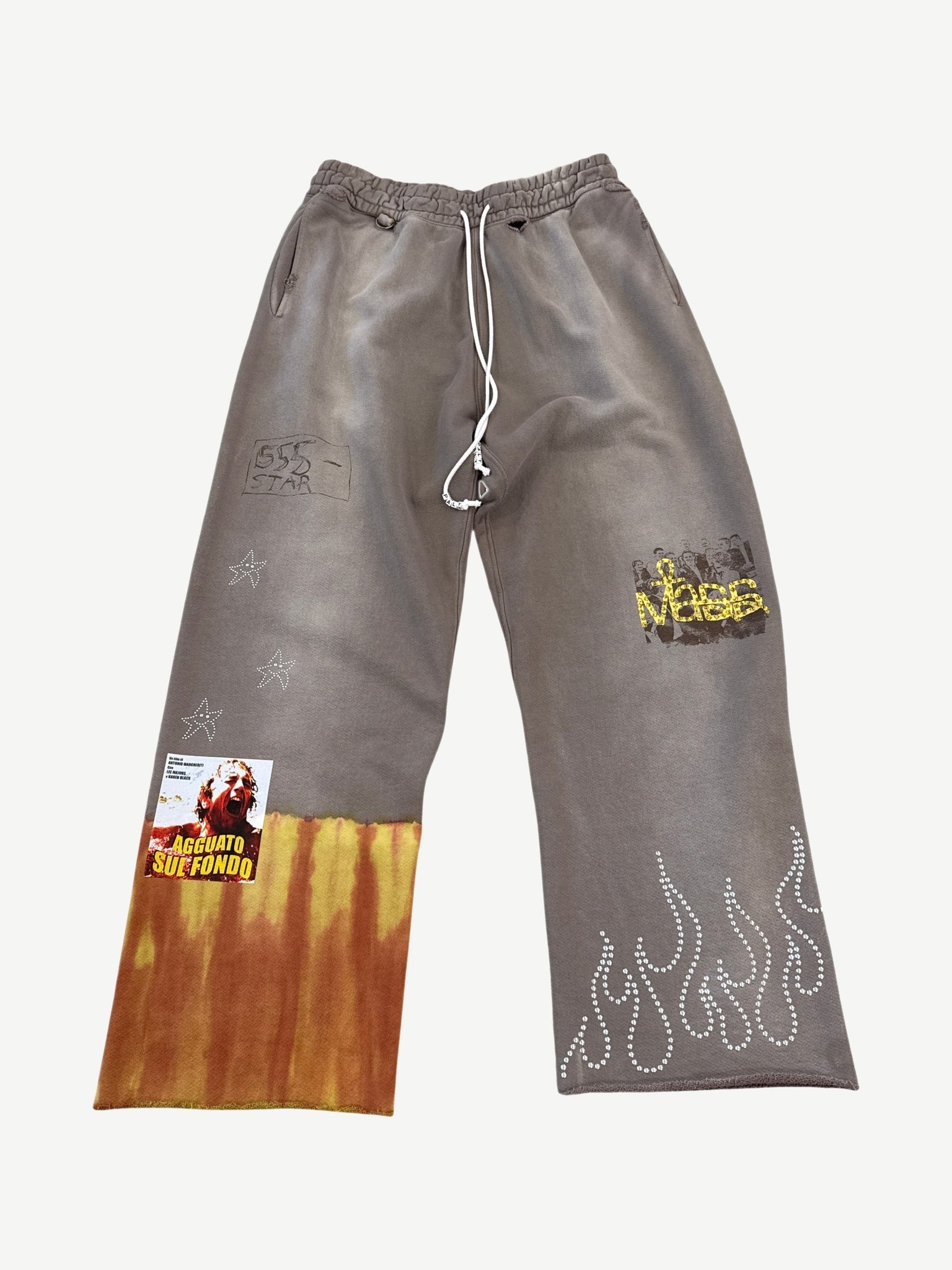 Paly Mass sweatpants in faded gray brown with stitched movie poster patch, Mass graphic and rhinestone flame leg