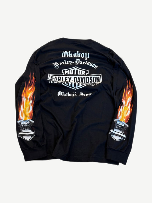Vintage Harley Davidson Okoboji longsleeve back view with large flame eagle graphic on faded black cotton