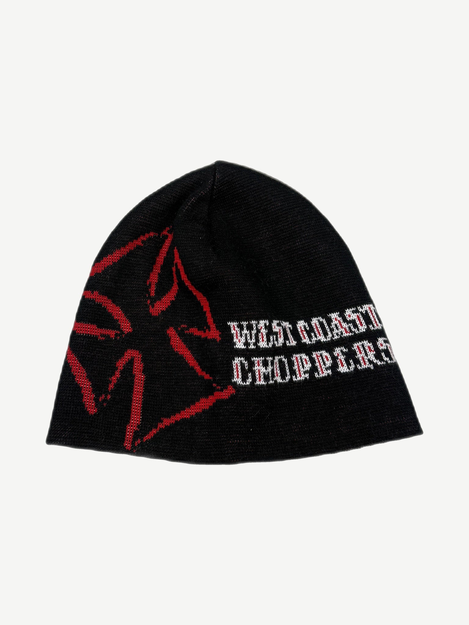 Vintage West Coast Choppers reversible knit beanie in black with embroidered iron cross logo on cuff.