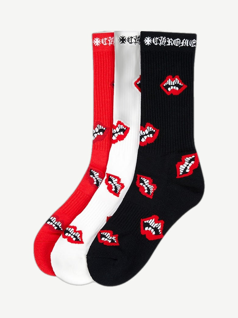 Chrome Hearts Matty Boy Chomper sock 3-pack in red, white and black with allover red lips fang motif