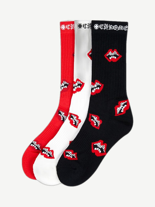 Chrome Hearts Matty Boy Chomper sock 3-pack in red, white and black with allover red lips fang motif