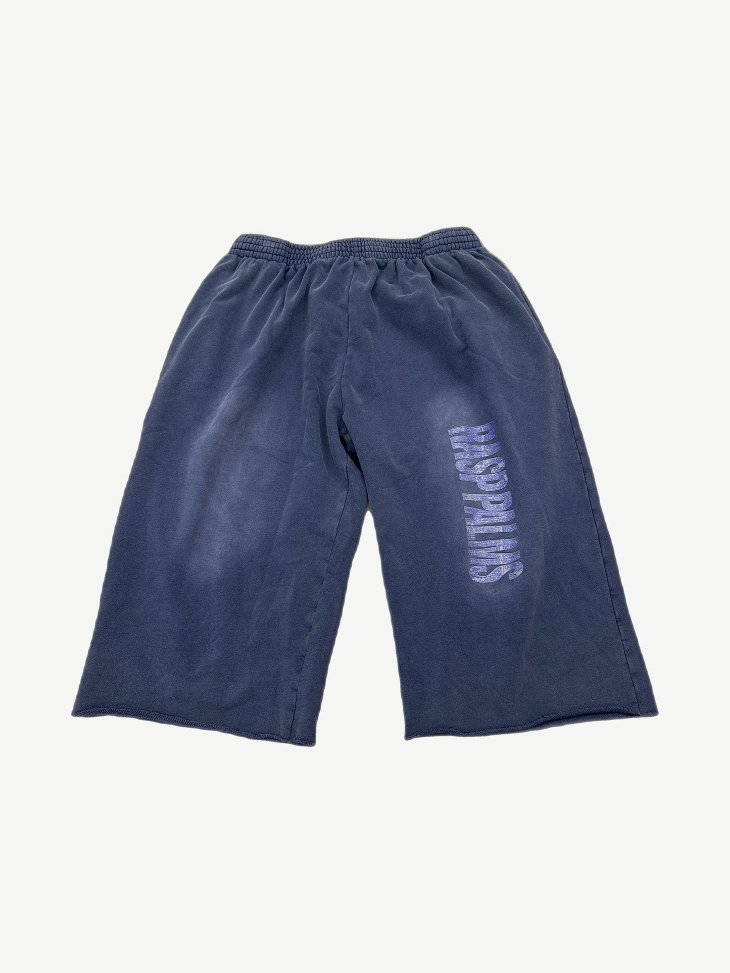 GV Gallery navy fleece cutoff sweat shorts with Raspberry Hills script embroidery on left thigh, front view