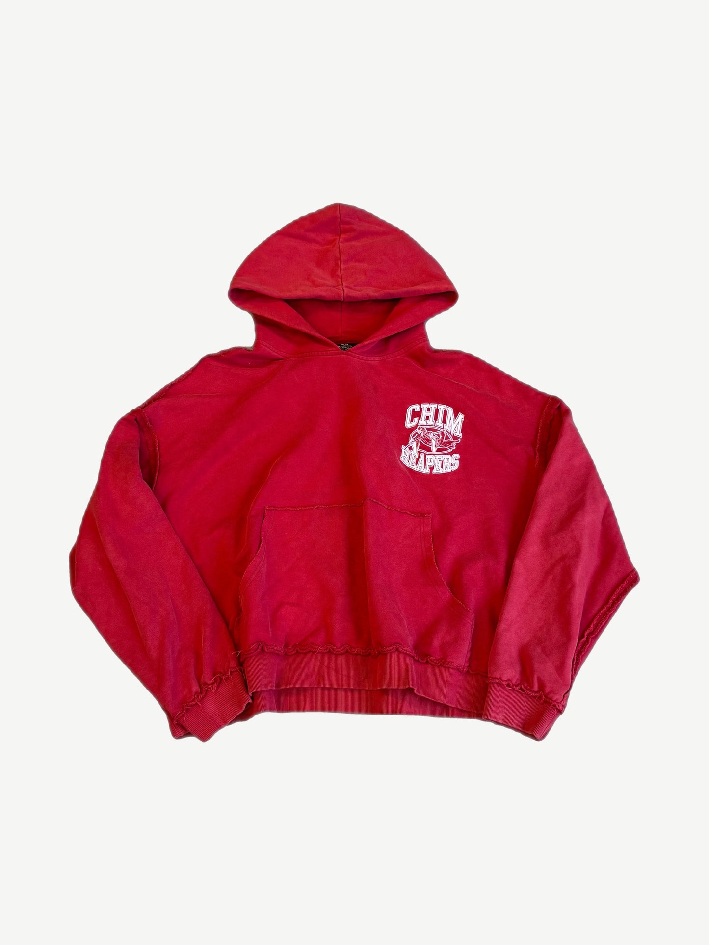 HMDD red Chim Reapers hoodie with cropped boxy fit, kangaroo pocket and chest reaper varsity logo.