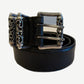 Chrome Hearts black leather Celtic double pin roller belt coiled with ornate silver scroll buckle and keepers