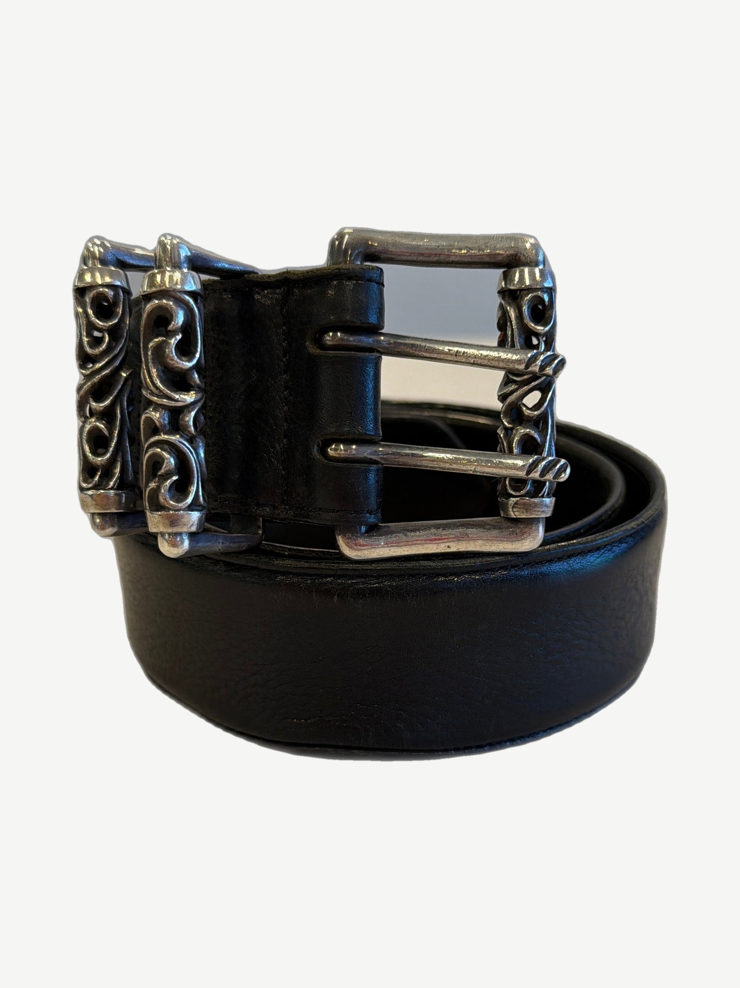 Chrome Hearts black leather Celtic double pin roller belt coiled with ornate silver scroll buckle and keepers