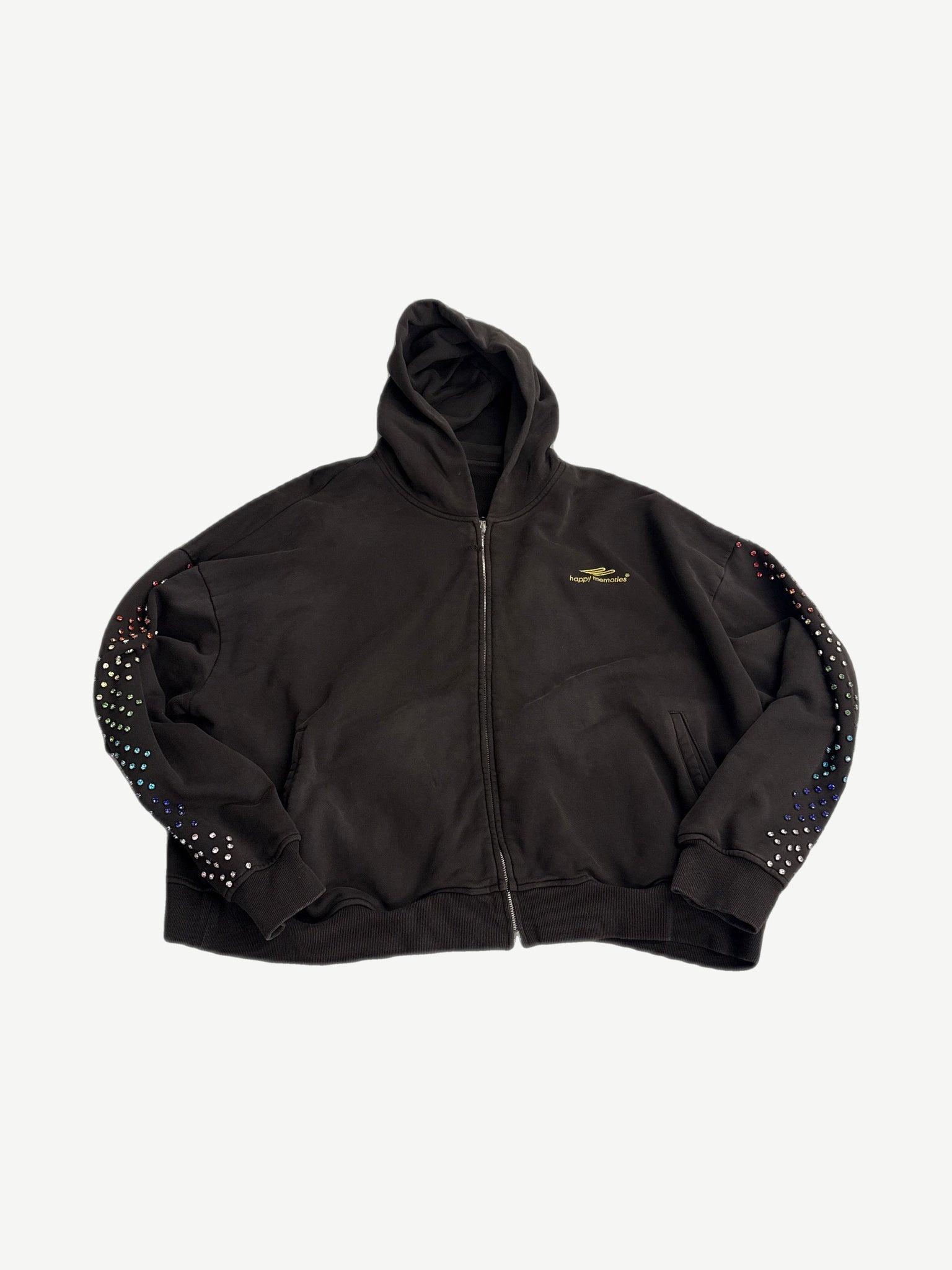 HMDD brown hooded zip up front with gold Happy Memories script and rainbow rhinestone sleeve embellishments