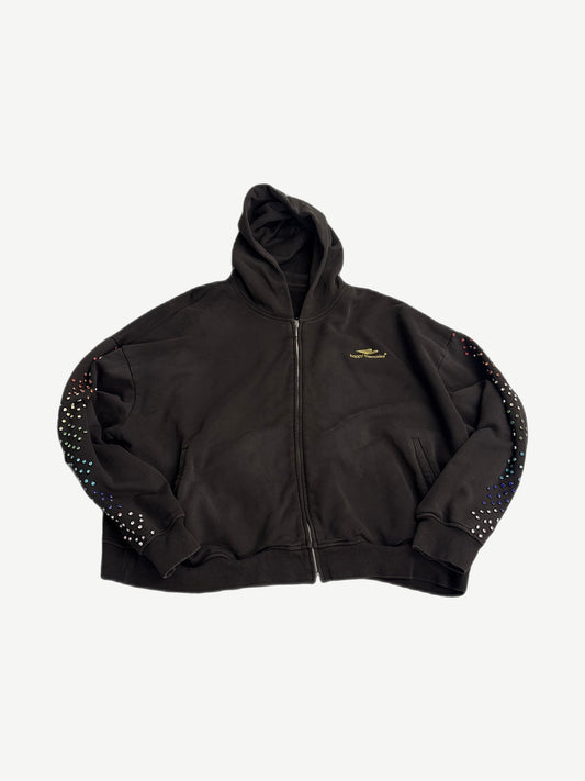 HMDD brown hooded zip up front with gold Happy Memories script and rainbow rhinestone sleeve embellishments
