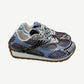 Bottega Veneta Orbit sneakers in Barolo burgundy and blue bell mesh with silver mirrored panels and gum sole.