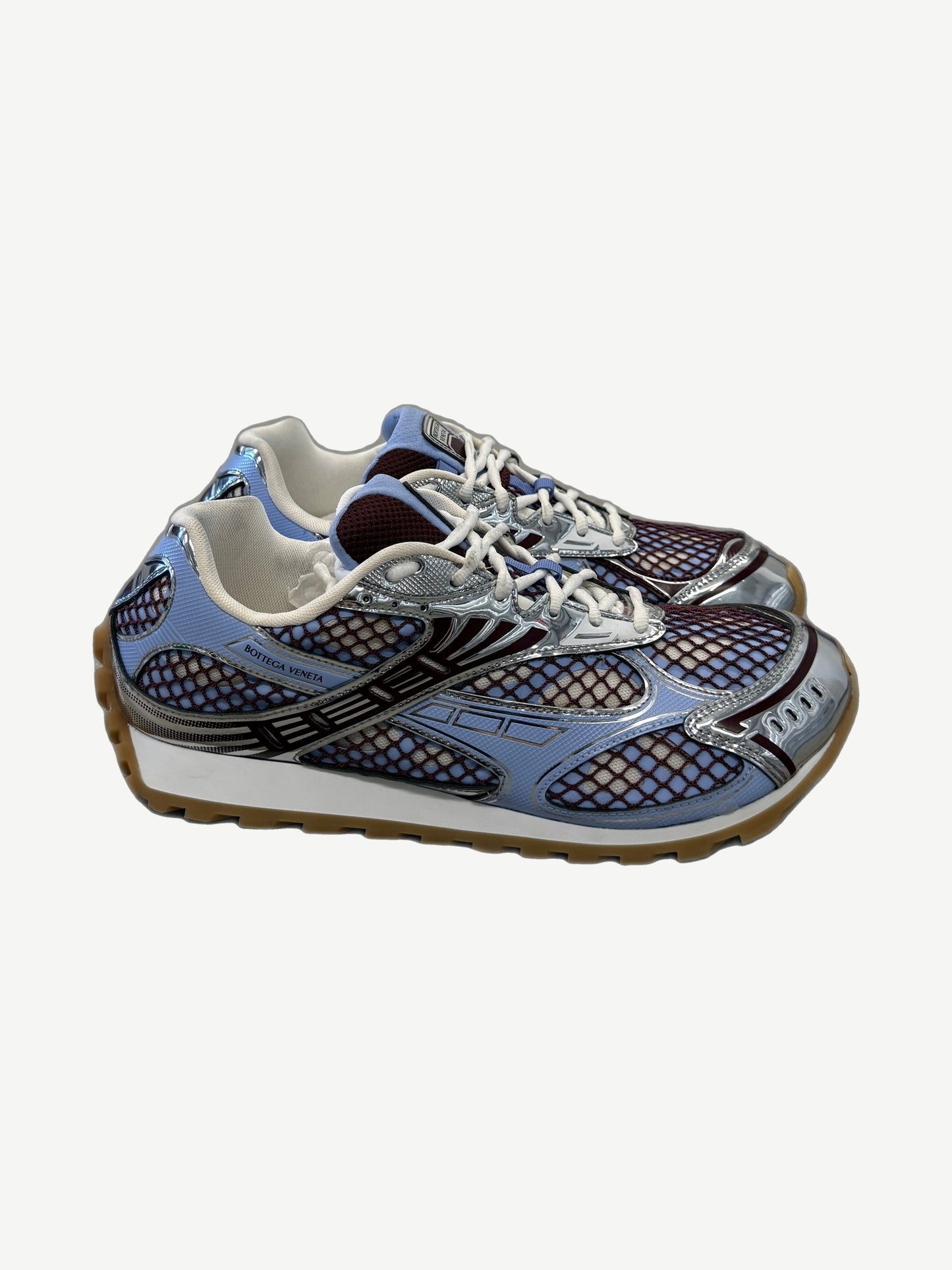 Bottega Veneta Orbit sneakers in Barolo burgundy and blue bell mesh with silver mirrored panels and gum sole.