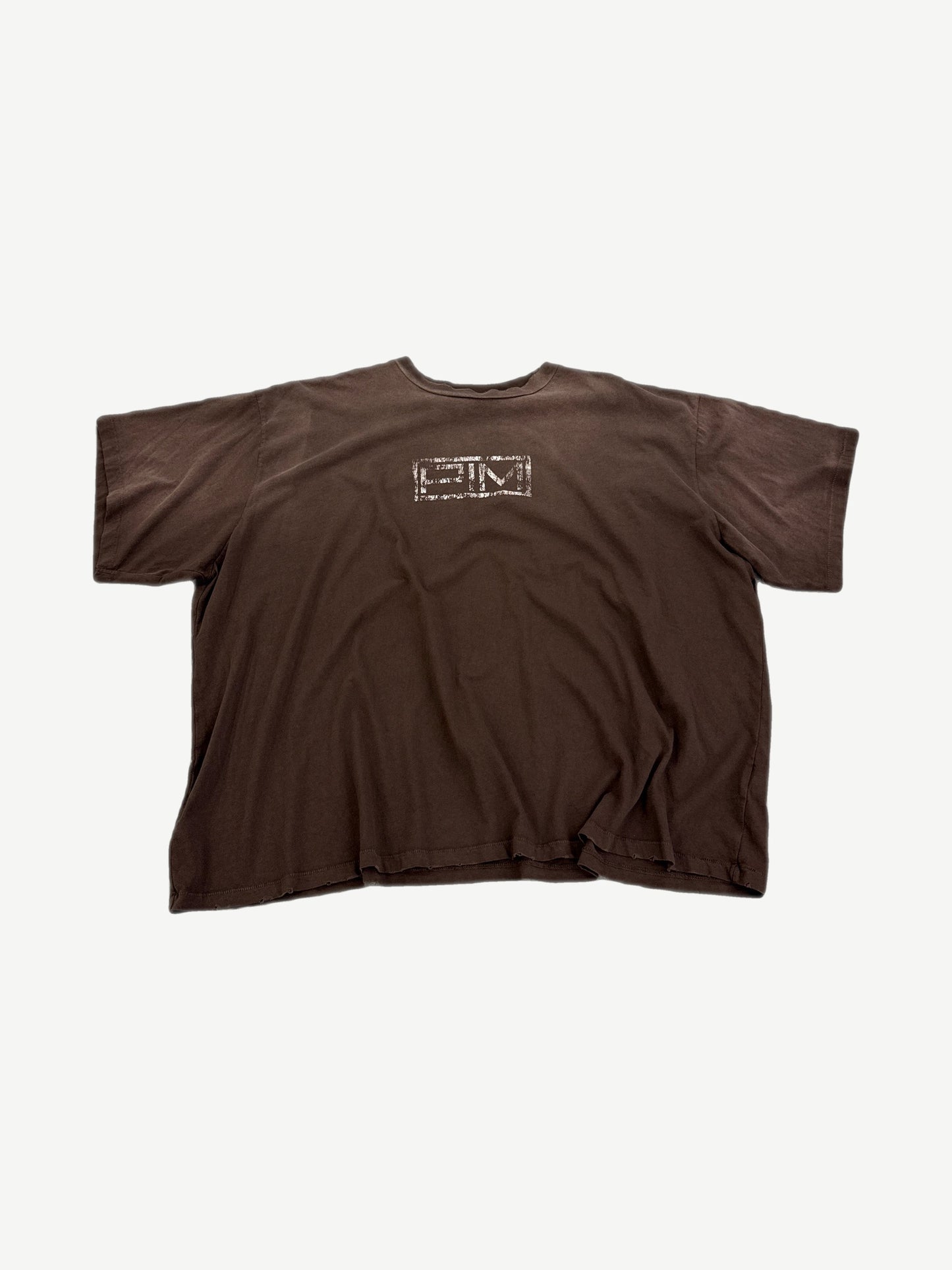 Happy Memories Don't Die brown oversized tee with small HM box logo print at chest