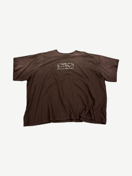 Happy Memories Don't Die brown oversized tee with small HM box logo print at chest