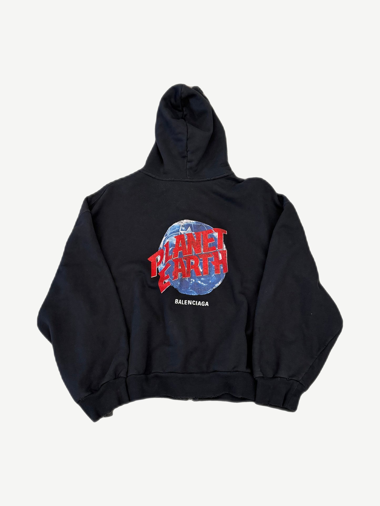 Balenciaga Planet Earth zip-up hoodie back with red globe graphic and bold lettering