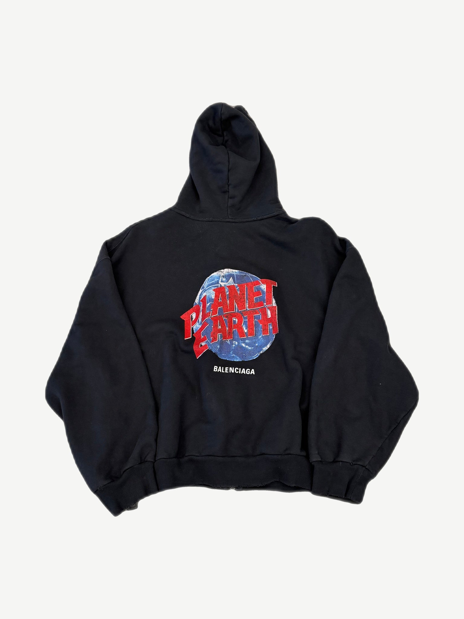 Balenciaga Planet Earth zip-up hoodie back with red globe graphic and bold lettering
