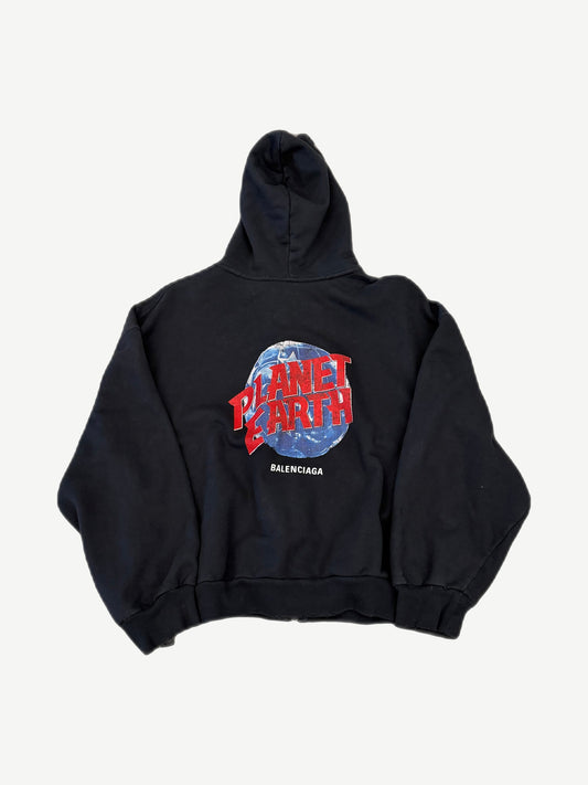 Balenciaga Planet Earth zip-up hoodie back with red globe graphic and bold lettering