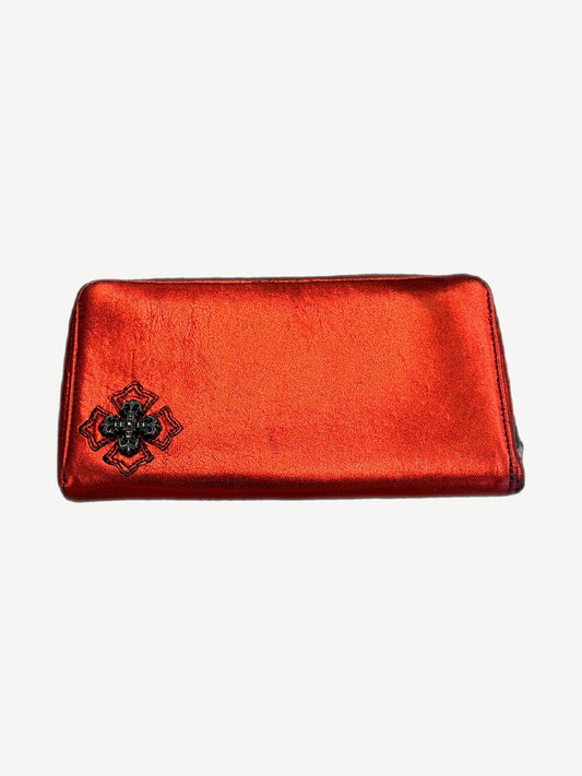 Chrome Hearts red metallic leather long zip wallet front with black plus cross patch in corner