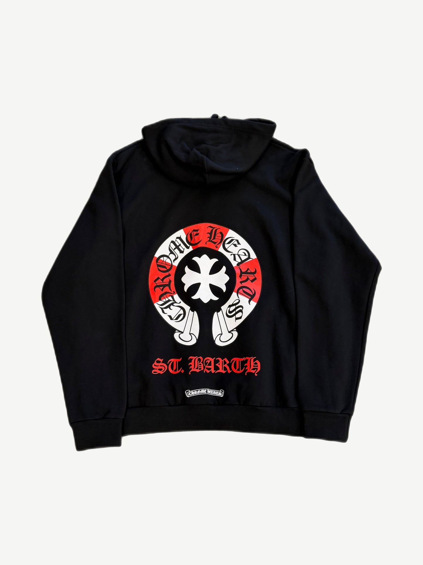 Chrome Hearts St Barths Lifesaver hoodie back, large white Old English Chrome Hearts text and dagger graphic