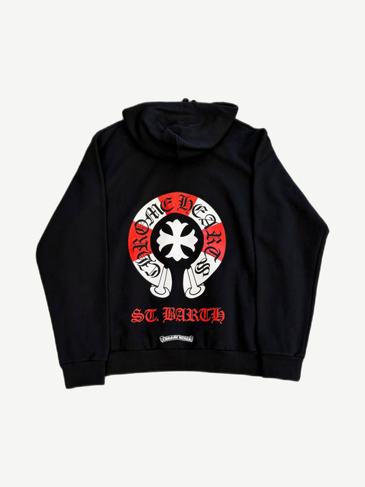 Chrome Hearts St Barths Lifesaver hoodie back, large white Old English Chrome Hearts text and dagger graphic