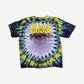 Bossi tie dye tee back with yellow Bossi gothic logo above purple all-seeing eye sun graphic