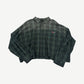 GV Gallery Rasp green plaid cropped flannel shirt angled view with button placket and embroidered logo.
