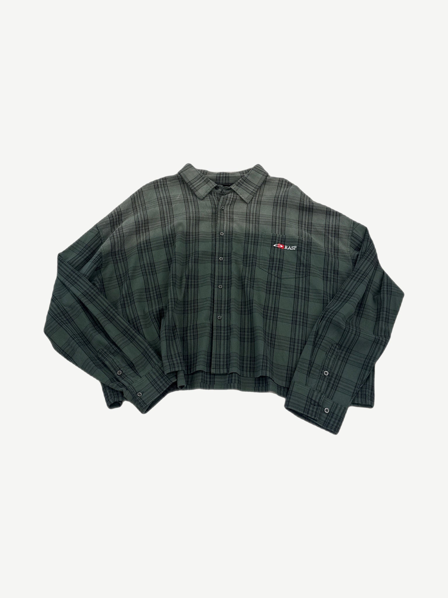 GV Gallery Rasp green plaid cropped flannel shirt angled view with button placket and embroidered logo.