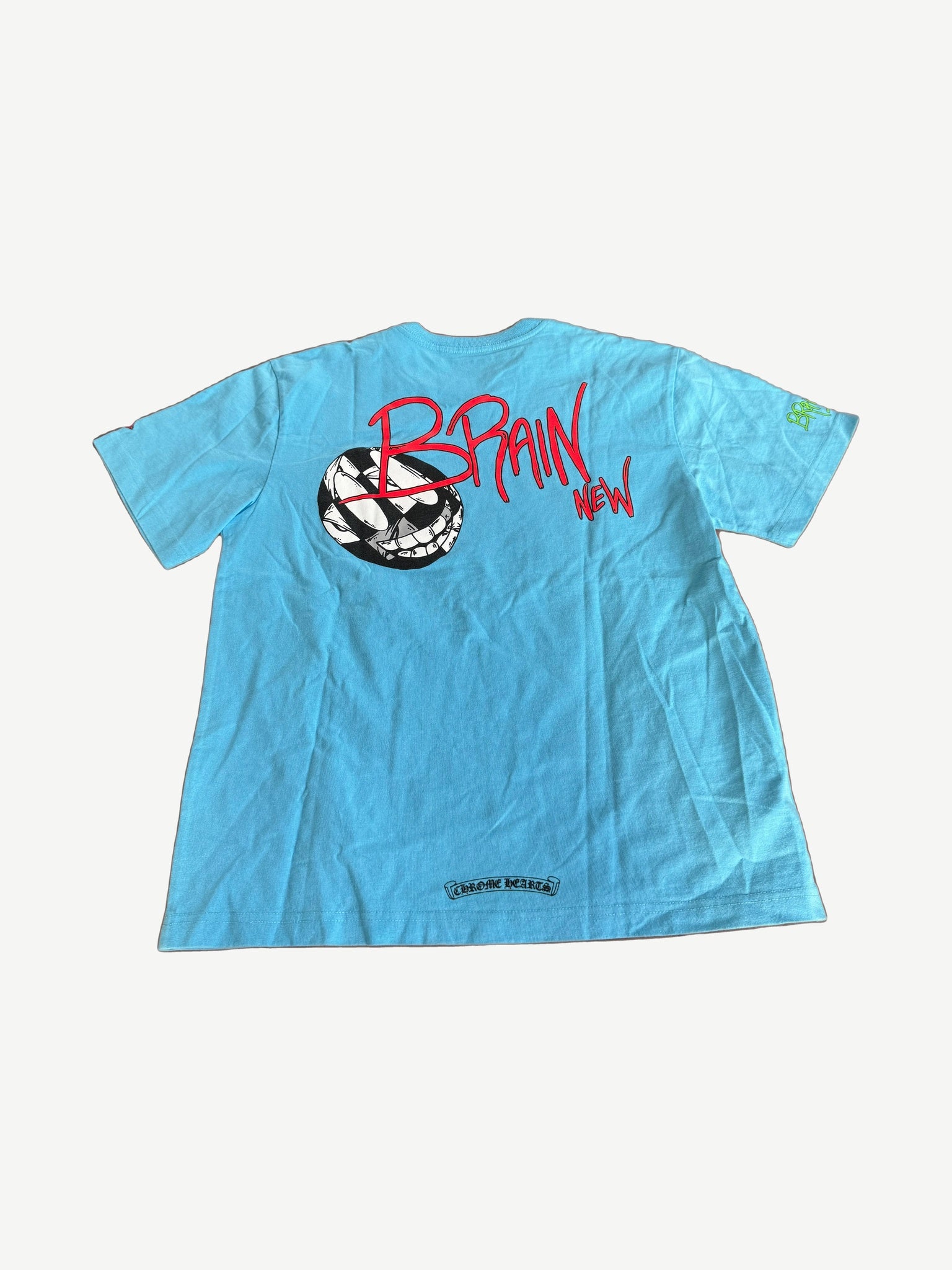 Chrome Hearts Matty Boy aqua blue tee back view with red Brain New diamond graphic print